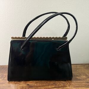 Vintage Verdi Shoulder Bag Handbag Black PVC Patent Glossy Mid Century Elegant